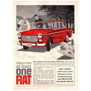 1964 Fiat 1100D Sedan Color Vintage Print Ad Picnic Family Lake Turtle Sailboat